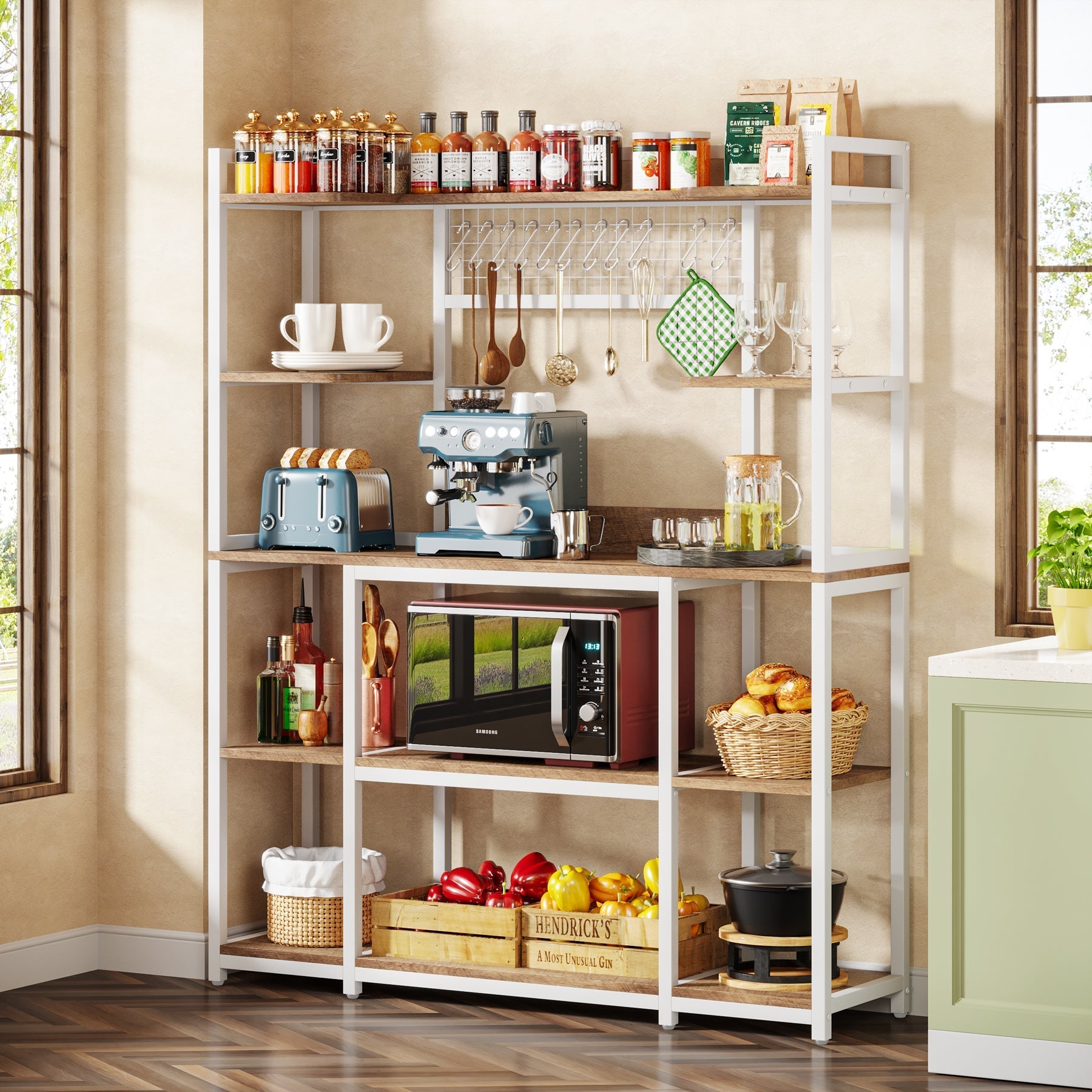 5-Tier Kitchen Baker's Rack, 55" Wide Kitchen Storage Shelf with 11 Hooks Tribesigns